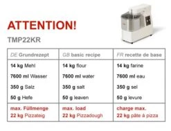 Teigknetmaschine - 22 Liter / 18 Kg - 1 Geschwindigkeit - Kessel Abnehmbar Und Rührwerk Aufklappbar -Küchengerätegeschäft tmp22kr 7a5c