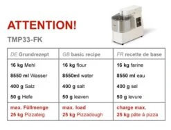 Teigknetmaschine - 33 Liter / 25 Kg - 2 Geschwindigkeiten - Mit Festem Kessel -Küchengerätegeschäft tmp33 fk 3087
