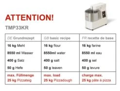 Teigknetmaschine - 33 Liter / 25 Kg - 1 Geschwindigkeit - Kessel Abnehmbar Und Rührwerk Aufklappbar -Küchengerätegeschäft tmp33kr e962