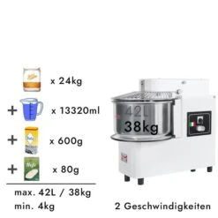 Teigknetmaschine - 42 Liter / 38 Kg - 2 Geschwindigkeiten - Kessel Abnehmbar Und Rührwerk Aufklappbar