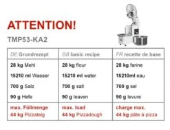 Teigknetmaschine - 53 Liter / 43 Kg - 2 Geschwindigkeiten - Kessel Abnehmbar Und Rührwerk Aufklappbar -Küchengerätegeschäft tmp53 ka2 493e
